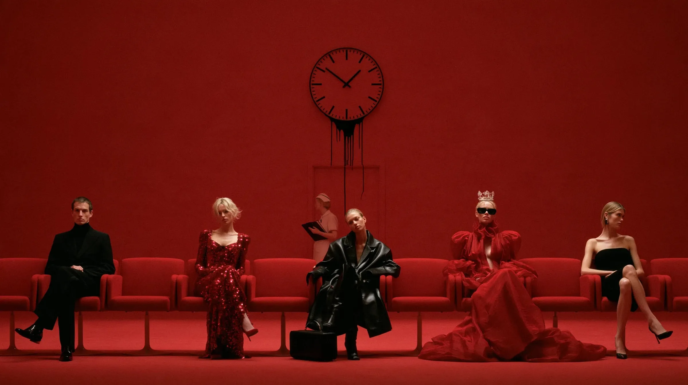 Campagne BETENOIR : cinq personnages dans une salle d’attente rouge